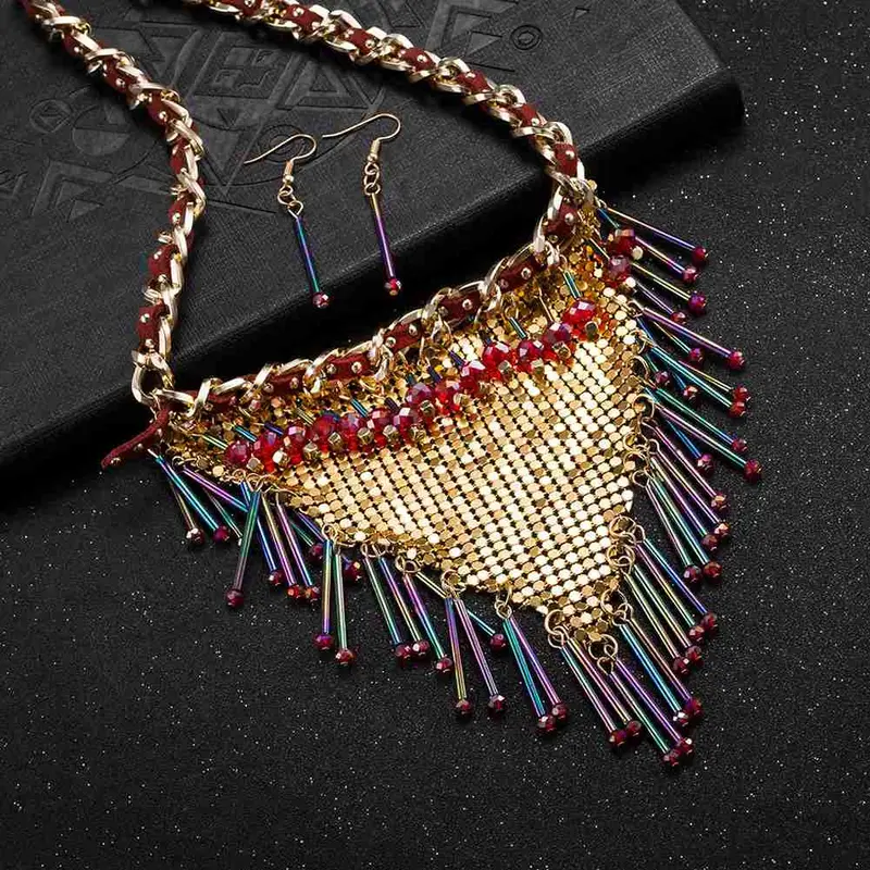Gorgeous Jewelry Sets Triangle Tassel Necklace + Earrings African Jewelry Set Wedding Decoration Fass  2 1