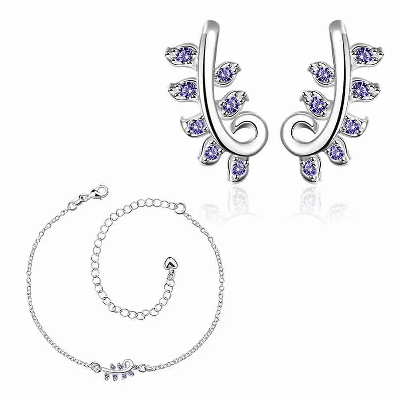 Gorgeous Silver Plated Jewelry Set Pruple Leaf Earrings+Anklet African Jewelry Set Margarida 48 1