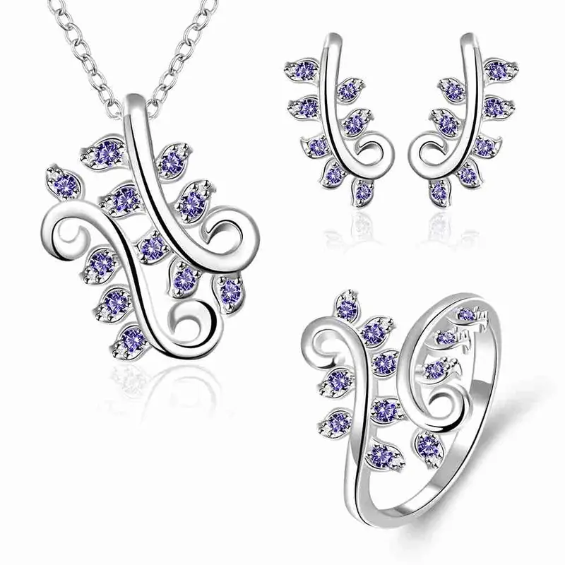 Gorgeous Silver Plated Jewelry Set Pruple Leaf Earrings+Anklet African Jewelry Set Margarida 48 10