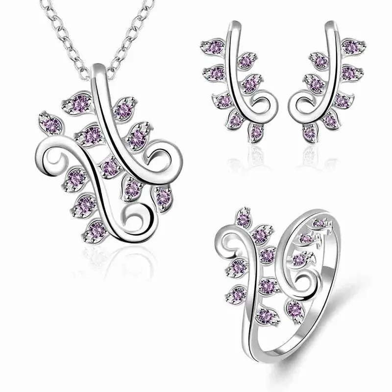 Gorgeous Silver Plated Jewelry Set Pruple Leaf Earrings+Anklet African Jewelry Set Margarida 48 11