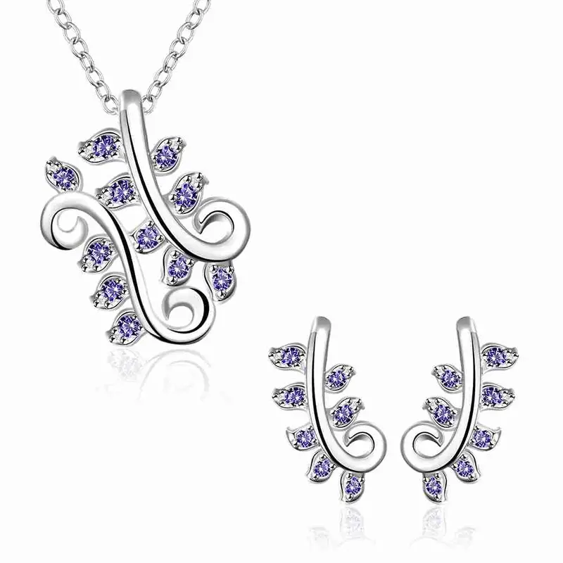 Gorgeous Silver Plated Jewelry Set Pruple Leaf Earrings+Anklet African Jewelry Set Margarida 48 13