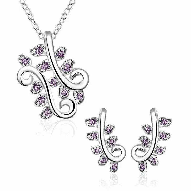 Gorgeous Silver Plated Jewelry Set Pruple Leaf Earrings+Anklet African Jewelry Set Margarida 48 14
