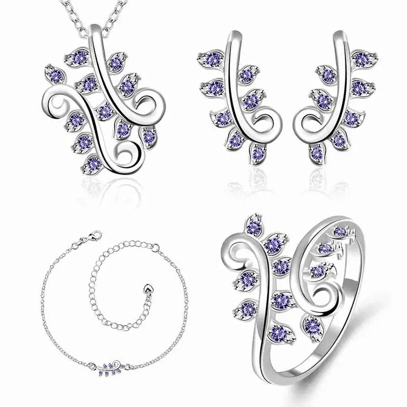 Gorgeous Silver Plated Jewelry Set Pruple Leaf Earrings+Anklet African Jewelry Set Margarida 48 16