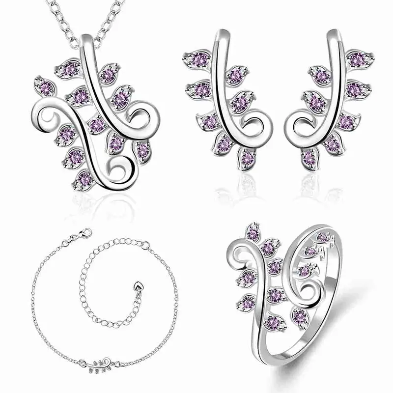 Gorgeous Silver Plated Jewelry Set Pruple Leaf Earrings+Anklet African Jewelry Set Margarida 48 17