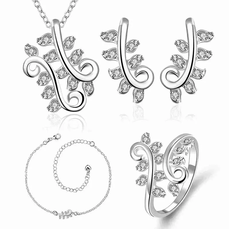 Gorgeous Silver Plated Jewelry Set Pruple Leaf Earrings+Anklet African Jewelry Set Margarida 48 18