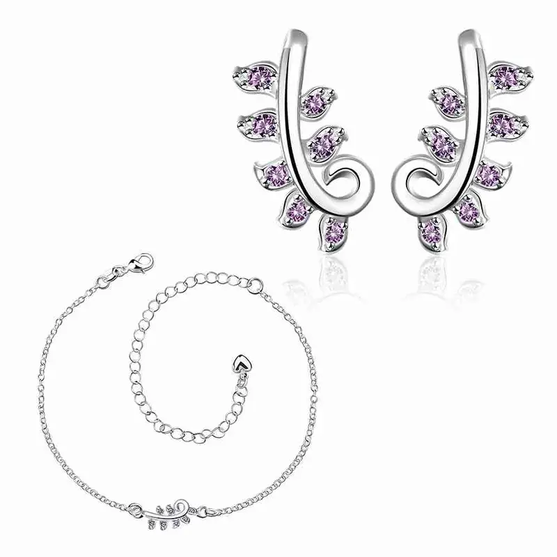 Gorgeous Silver Plated Jewelry Set Pruple Leaf Earrings+Anklet African Jewelry Set Margarida 48 2