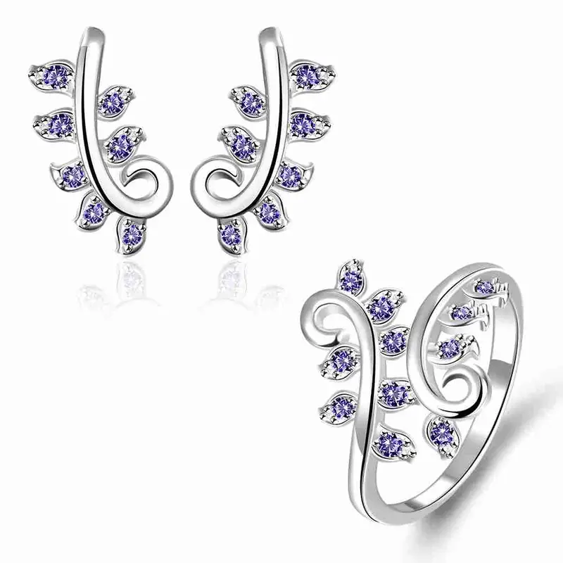 Gorgeous Silver Plated Jewelry Set Pruple Leaf Earrings+Anklet African Jewelry Set Margarida 48 4
