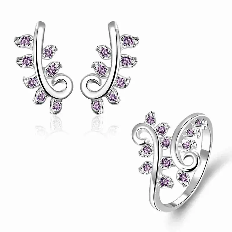 Gorgeous Silver Plated Jewelry Set Pruple Leaf Earrings+Anklet African Jewelry Set Margarida 48 5