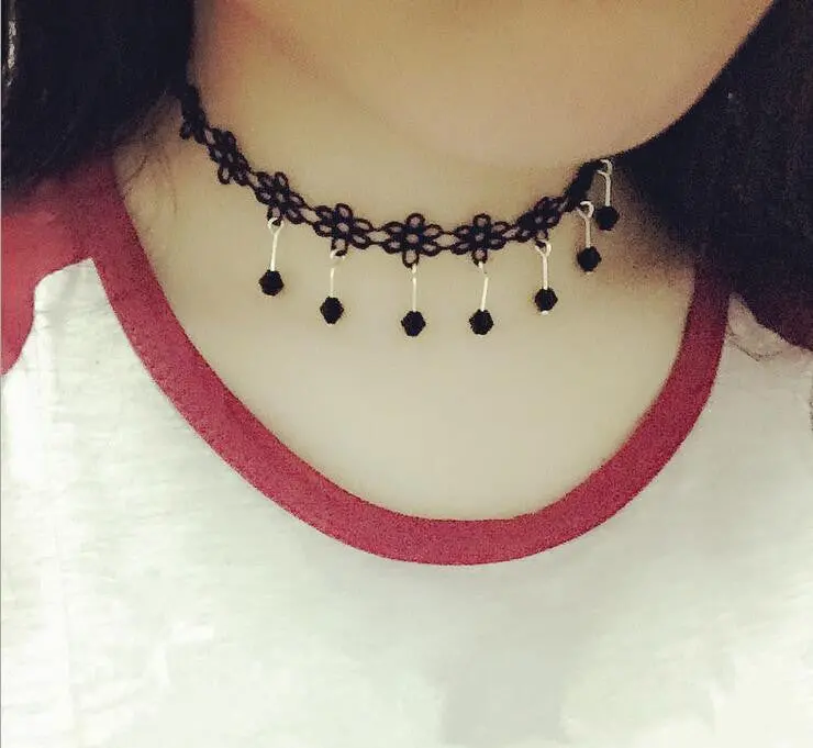 Gothic Crystal Tassel Tattoo Choker Necklace Black Lace Choker Collar Vintage Wedding Jewelry Psxl010 1
