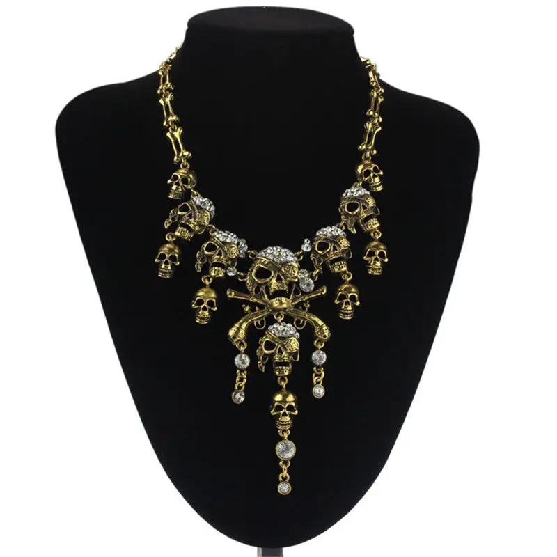 Gothic Punk Style Retro Necklace Silver Bronze Vintage Necklace Pirate Skull Cluster Rhinestone Necklaces Boho Jewelry 1