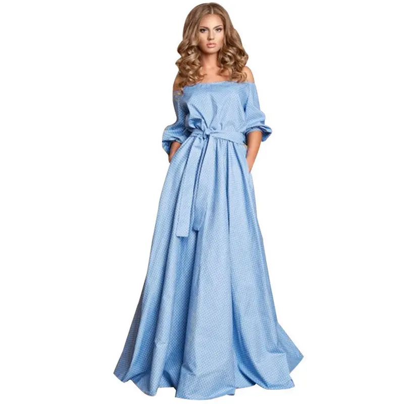 Graceful Womens Sexy Off Shoulder Long Blue Party Dresses Casual Short Sleeves Loose Full Length Princess Dress 1