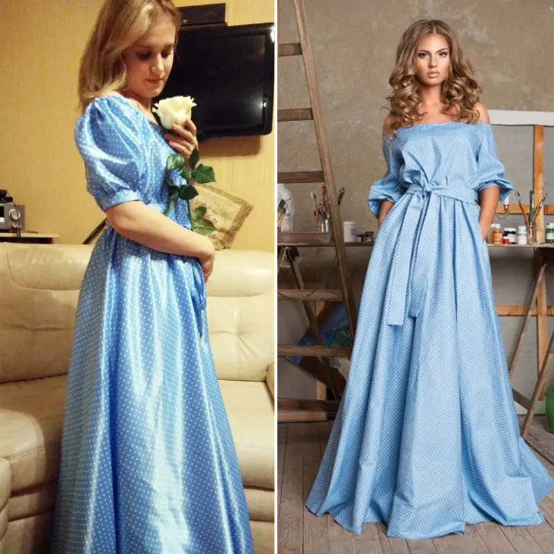 Graceful Womens Sexy Off Shoulder Long Blue Party Dresses Casual Short Sleeves Loose Full Length Princess Dress 2