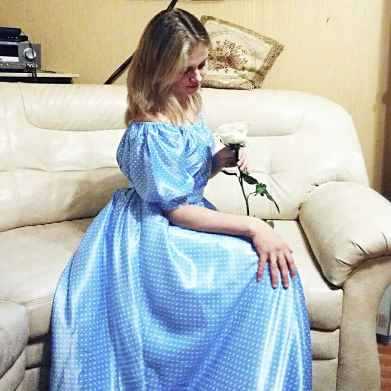 Graceful Womens Sexy Off Shoulder Long Blue Party Dresses Casual Short Sleeves Loose Full Length Princess Dress 3