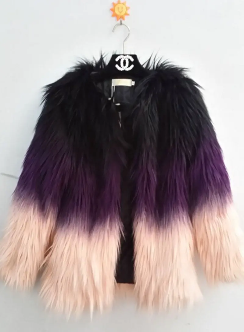 Gradient Color Long Hairy Shaggy Faux Fox Fur Coat Gradient Purple Pink Contrast Color Short Jackets Fuzzy Outerwear S M L Xl 1