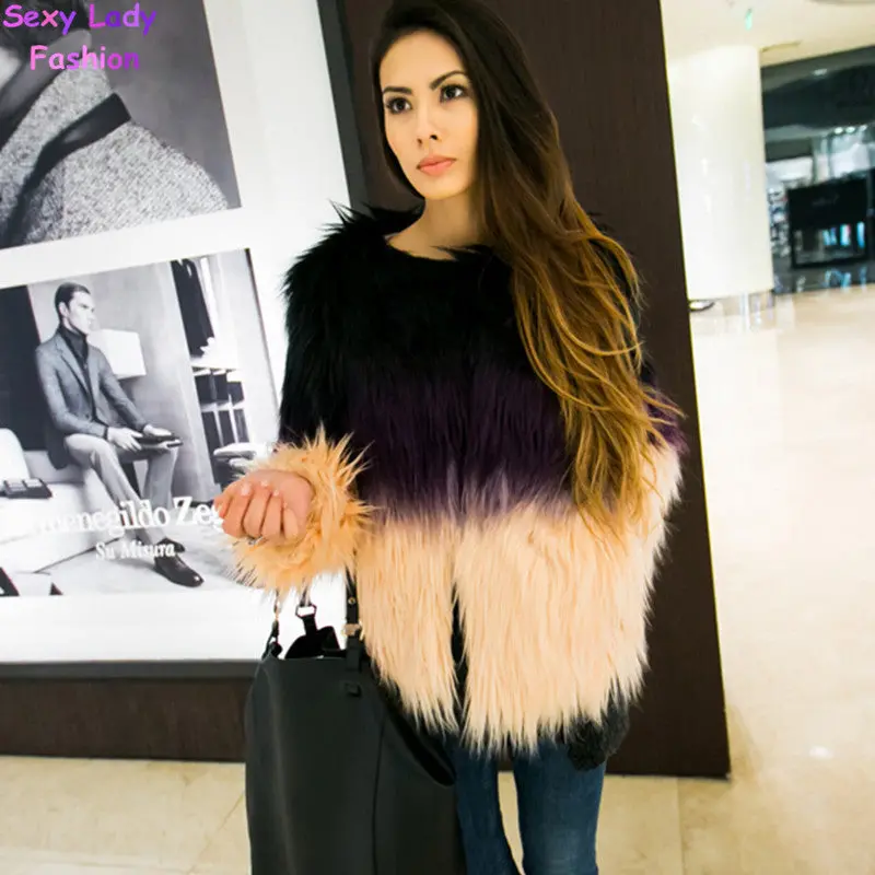 Gradient Color Long Hairy Shaggy Faux Fox Fur Coat Gradient Purple Pink Contrast Color Short Jackets Fuzzy Outerwear S M L Xl 2