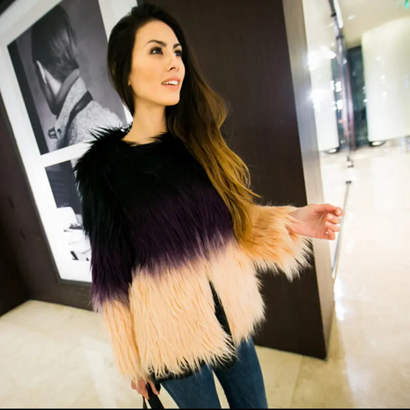Gradient Color Long Hairy Shaggy Faux Fox Fur Coat Gradient Purple Pink Contrast Color Short Jackets Fuzzy Outerwear S M L Xl 3