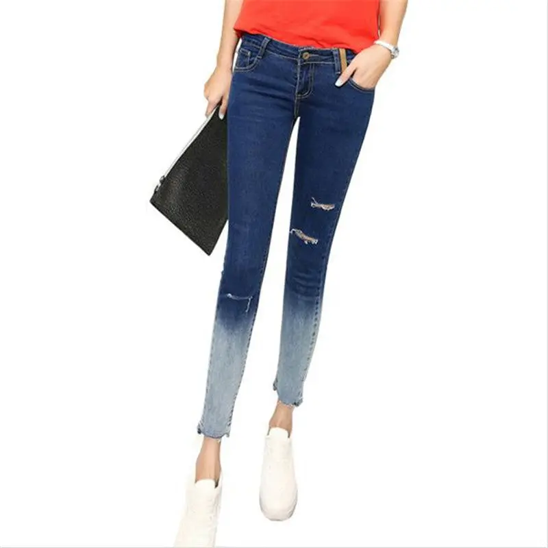 Gradient Color Pencil Jeans With Hole Women Knee Ripped Ankle-Length Skinny Denim Pants Capris 1
