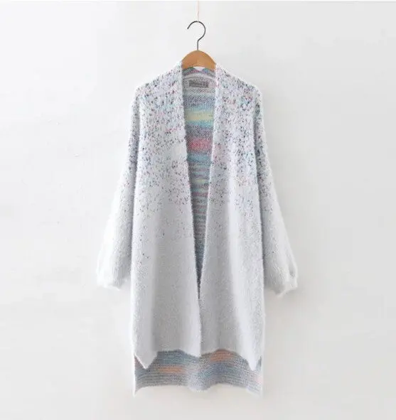 Gradient Colored Shaggy Cardigan Sweater Women Hi-Lo Hem Long Sweater Coat Jumper Tops Femme Knitwear 3