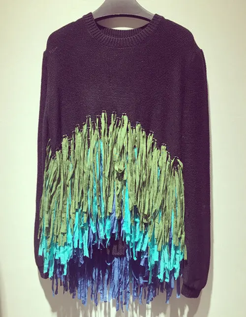 Gradient Colors Fringed Tassel Long Sleeve Pullover Sweater Retro Women's O Neck Loose Short Knitwear Jumper Tops 1
