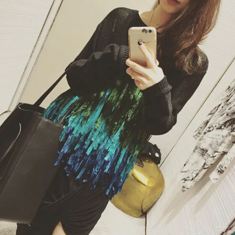 Gradient Colors Fringed Tassel Long Sleeve Pullover Sweater Retro Women's O Neck Loose Short Knitwear Jumper Tops 2