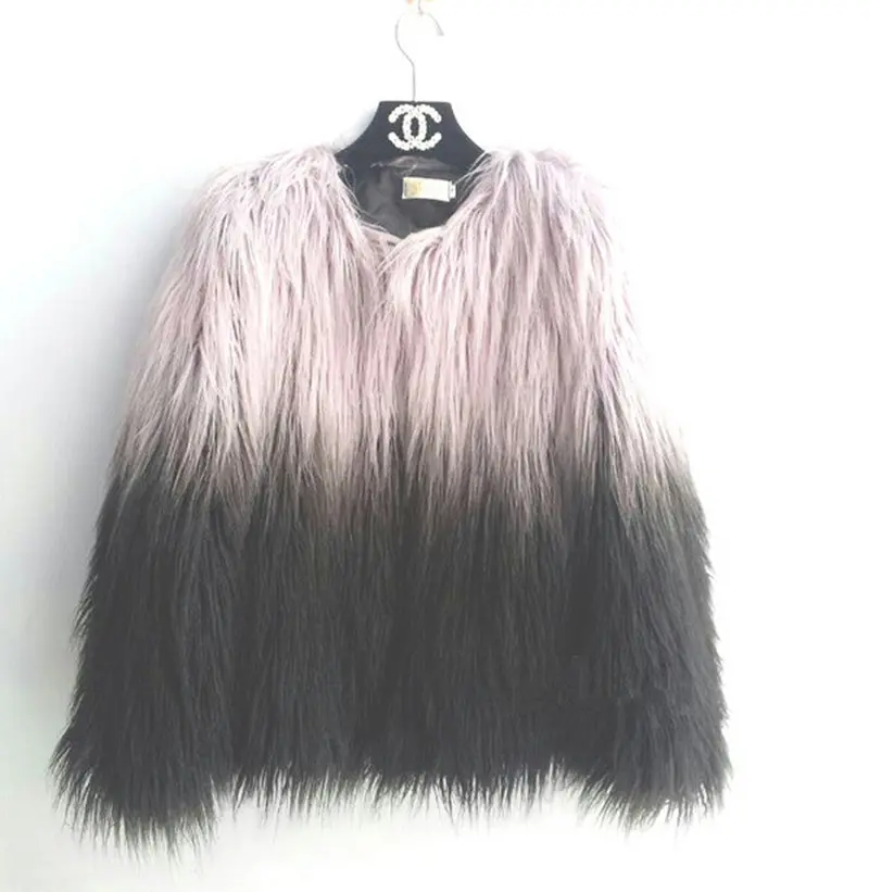 Gradient Contrast Color Long Hairy Shaggy Faux Sheep Goat Fur Jacket Supper Quality Women Long Sleeve Fuzzy Short Coat Outerwear 1