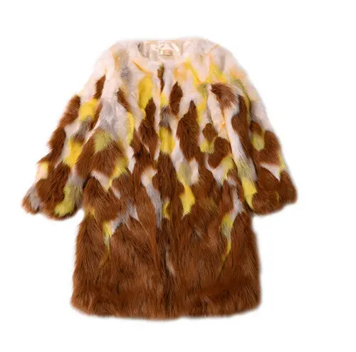 Gradual Contrast Color Long Hairy Shaggy Faux Fox Fur Coat Women O Neck Faux Fur Mid Long Coats Warm Outerwear 1