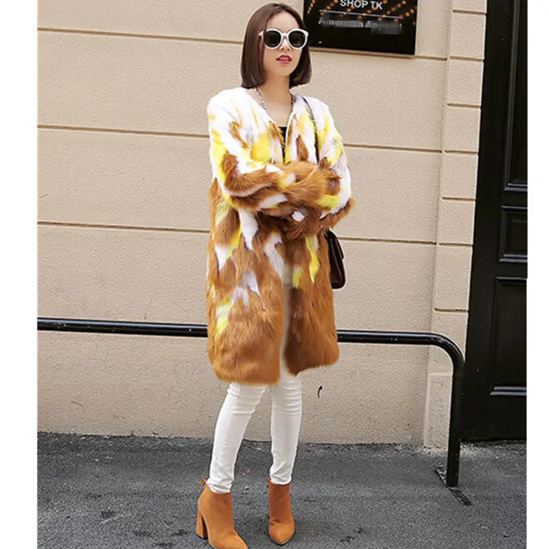 Gradual Contrast Color Long Hairy Shaggy Faux Fox Fur Coat Women O Neck Faux Fur Mid Long Coats Warm Outerwear 2