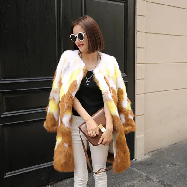 Gradual Contrast Color Long Hairy Shaggy Faux Fox Fur Coat Women O Neck Faux Fur Mid Long Coats Warm Outerwear 4