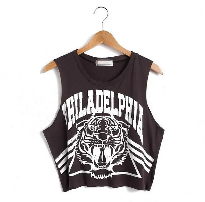 Graffiti Tiger Head Print Crop Top Sleeveless Tank Top Black White Letter Print Crop Tops Loose Women Tops 1