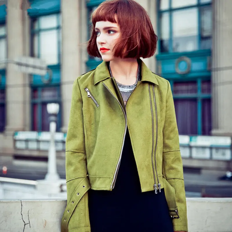 Green Double Lapel Faux Suede Jacket Metal Buckle Slim Fit Short Biker Jacket Women Adjustment Belt Zipper Coat Outerwear Tops 1