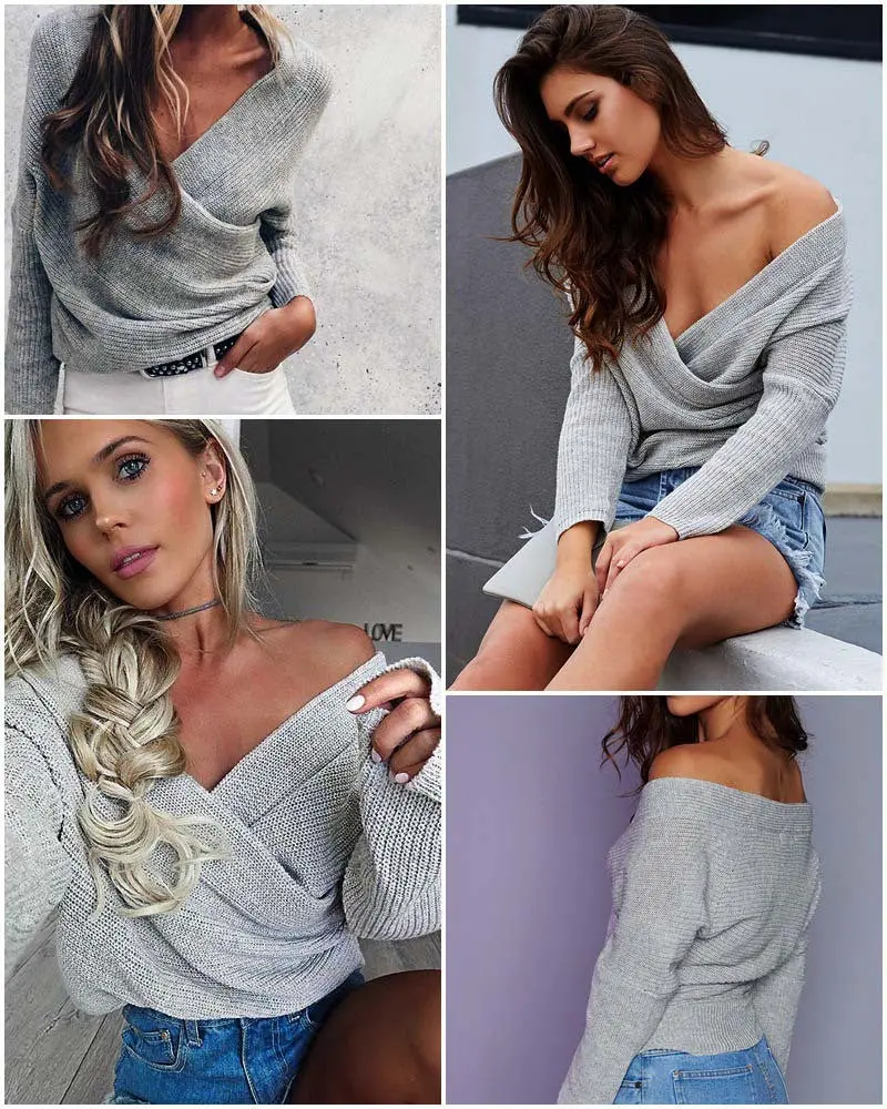 Grey Kahki Fold Off Shoulder Kintted Sweater Women Casual Pullovers Sexy Slim Loose Long Sleeve Tops Lx102 1