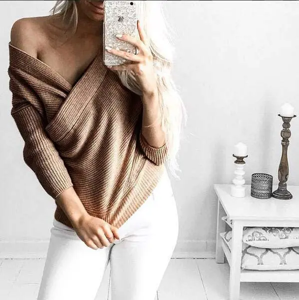Grey Kahki Fold Off Shoulder Kintted Sweater Women Casual Pullovers Sexy Slim Loose Long Sleeve Tops Lx102 5