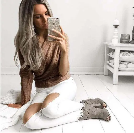 Grey Kahki Fold Off Shoulder Kintted Sweater Women Casual Pullovers Sexy Slim Loose Long Sleeve Tops Lx102 6
