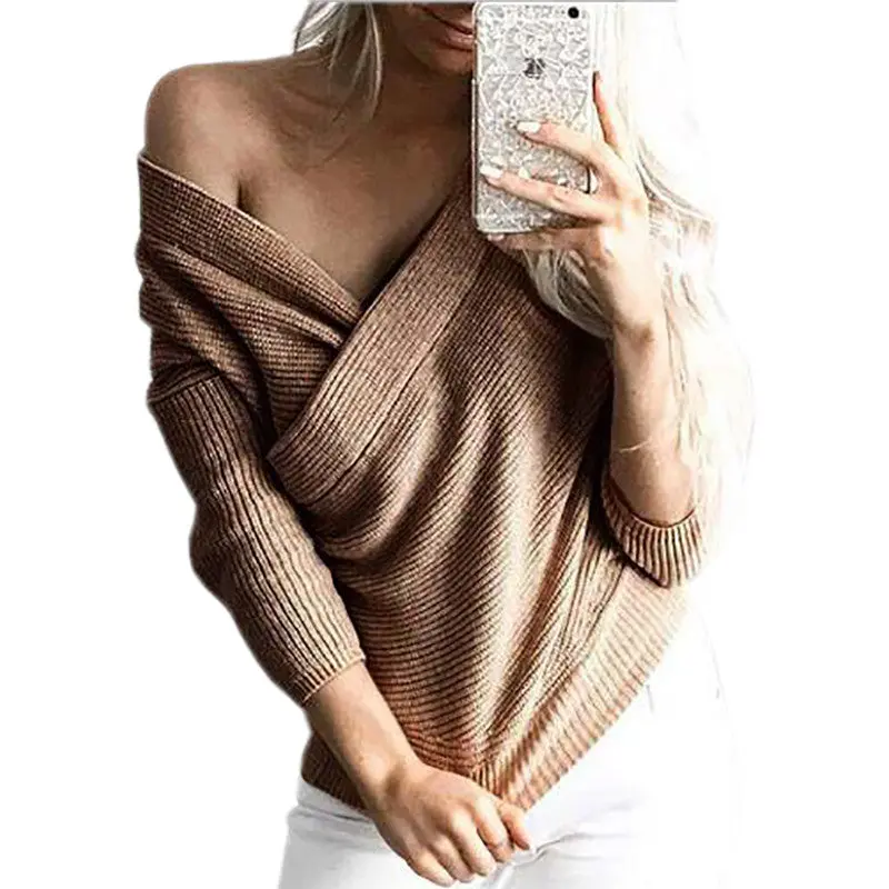 Grey Kahki Fold Off Shoulder Kintted Sweater Women Casual Pullovers Sexy Slim Loose Long Sleeve Tops Lx102 8