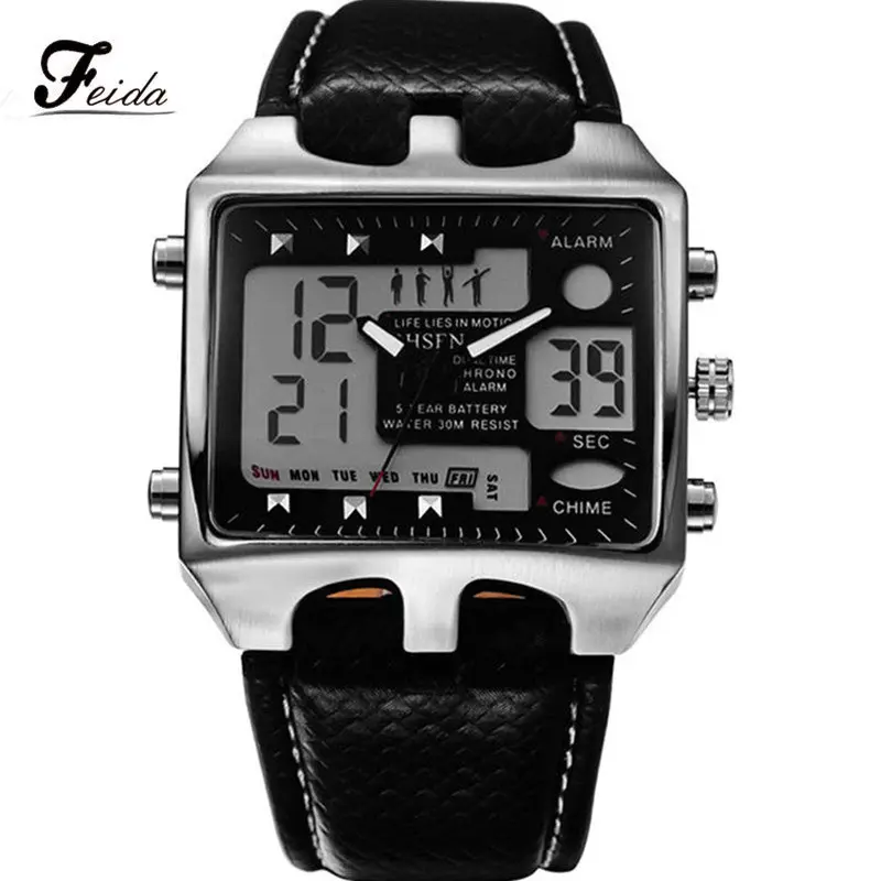 Guote Watches Digital-Watch Mens Stainless Steel Case Sport Black Leather Lcd Quartz Wristwatch Relojes Hombre 1