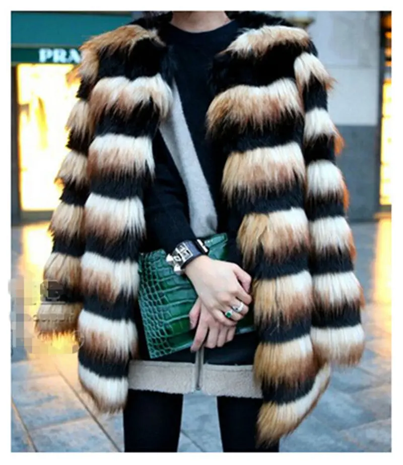 Hairy Shaggy Faux Fox Fur Round Neck Contrast Color Striped Jackets Long Coat Super Quality Women's Outerwear 1