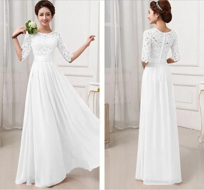 Half Long Sleeve White Chiffon Lace Stitching Long Dress Floor-Length Pleated Lace Gowns Dresses 6 Colors Kf274 11