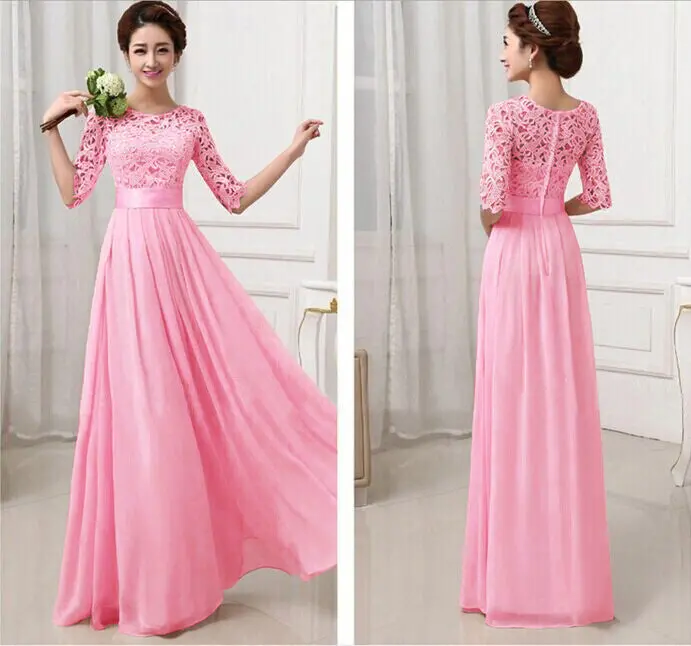 Half Long Sleeve White Chiffon Lace Stitching Long Dress Floor-Length Pleated Lace Gowns Dresses 6 Colors Kf274 12