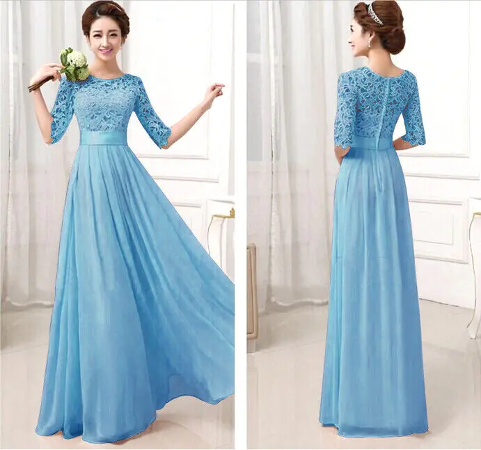 Half Long Sleeve White Chiffon Lace Stitching Long Dress Floor-Length Pleated Lace Gowns Dresses 6 Colors Kf274 13