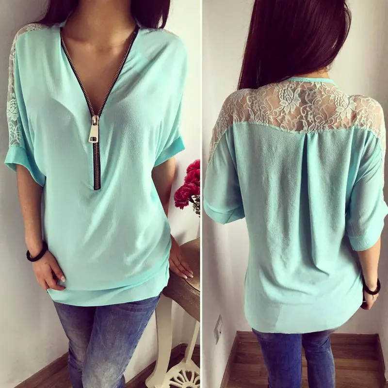 Half Sleeve Solid Lace Patchwork V-Neck Blouse Zipper Lace Chiffon Women Blouse X0311 1
