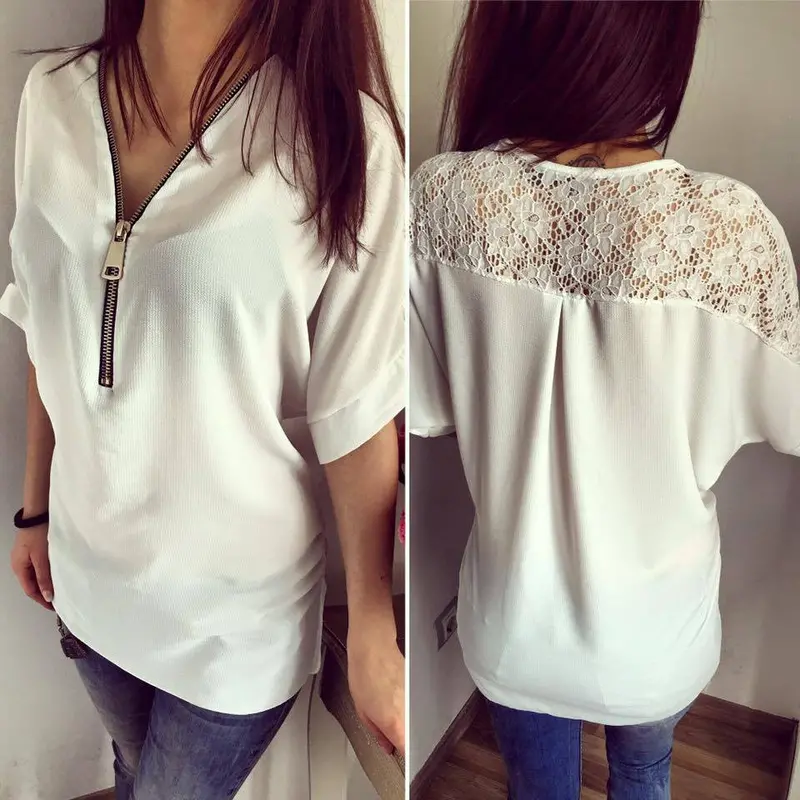 Half Sleeve Solid Lace Patchwork V-Neck Blouse Zipper Lace Chiffon Women Blouse X0311 3