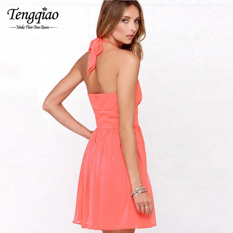 Halfter Mini Dress Pleated Sexy Party Dress Short Pink Sleeveless Off The Shoulder Ladies Casual Dress Xs-Xxl 4