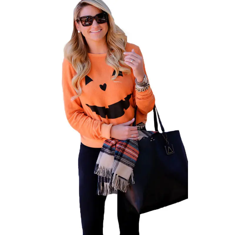 Halloween Pumpkin T Shirt Women Long Sleeve T Shirts Casual O Neck Pullover Sweatshirt Plus Size Top Tee 4