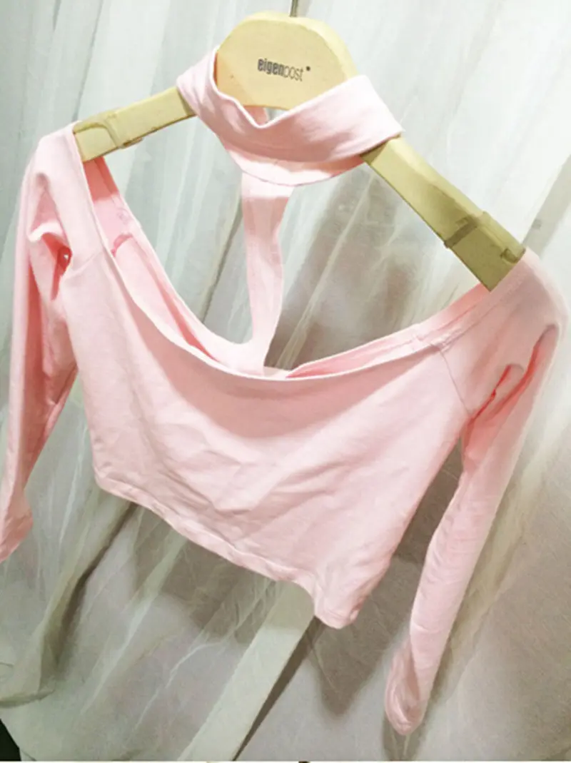 Halter Aa Long Sleeved Crop Top Bustier Camisetas Back Y Tops Canotta Donna Off Shoulder Tee S M White / Pink / Black 3