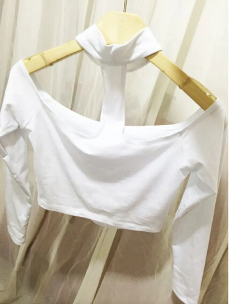 Halter Aa Long Sleeved Crop Top Bustier Camisetas Back Y Tops Canotta Donna Off Shoulder Tee S M White / Pink / Black 5