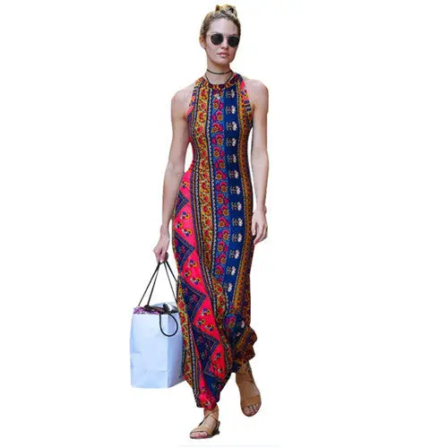 Halter Backless Long Maxi Boho Dress Sleeveless Ethnic Print Dress Women Slim Off Shoulder Beach Dress 1