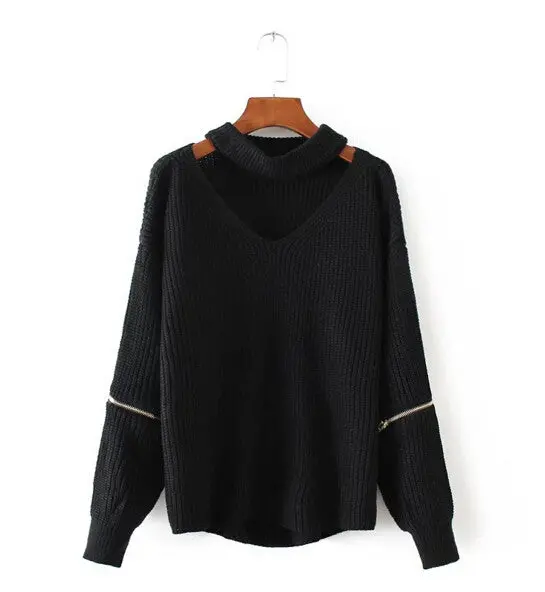 Halter Neck Vertical Stripes Line Knitted Sleeve Zipper Sweater Woman Hollow Out Neck Knitted Pullover Sweater 3 Colors 1