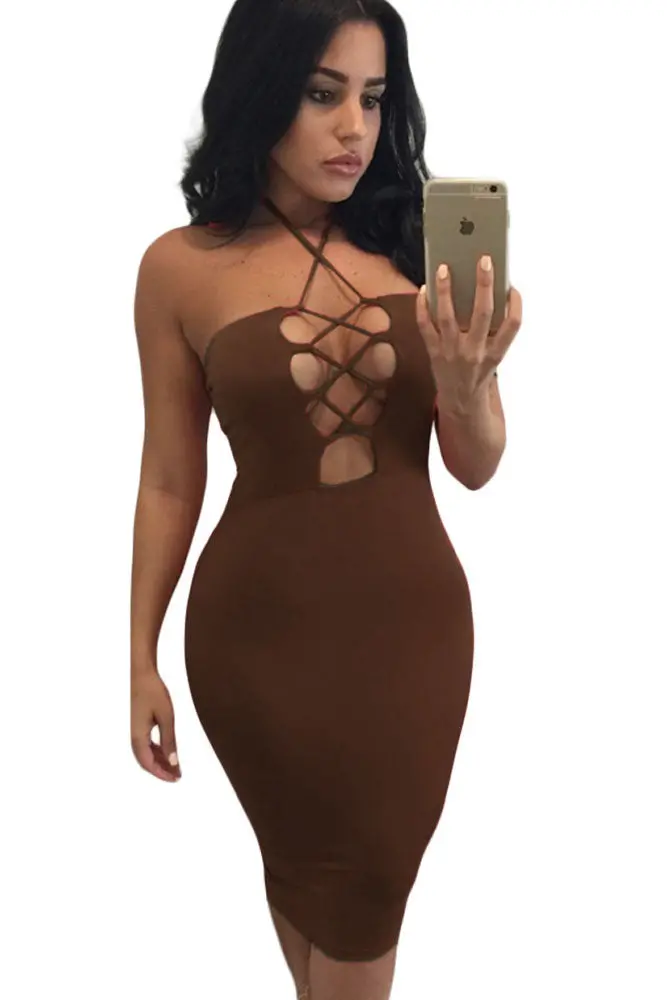 Halter Sexy Red Bodycon Dress Open Back Night Club Midi Dress Hollow Out Sleeveless Backless Bodycon Pencil Dress 1