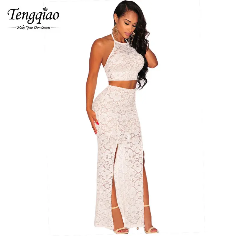 Halter Split Two 2 Piece Long Pink White Lace Dress Sexy Off The Shoulder Maxi Dress Sleeveless Long Dress 1
