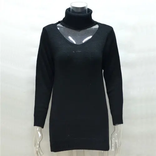 Halter Turtleneck Sweater Women Elegant Black Knitted Pullover Jumper Casual Long Tops Pull Femme 2